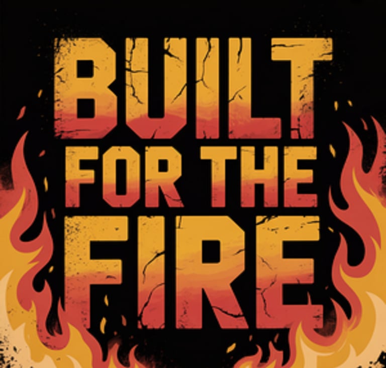 Graphic text reading Built For The Fire with a sunset gradient and orange flame borders.