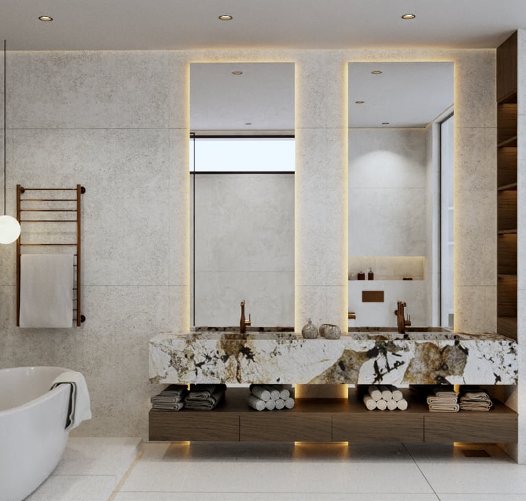 Modern bathroom with a white freestanding tub, a towel warmer and marble accents.