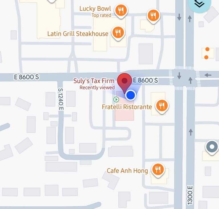 Map showing the location of Suly's Tax Firm in Sandy, UT near 8600 E S and 1300 E