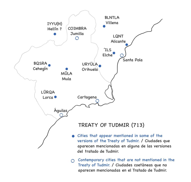 The cities of the Treaty of Tudmir according to: J.B. Vilar: History of the City and Bishopric of Or
