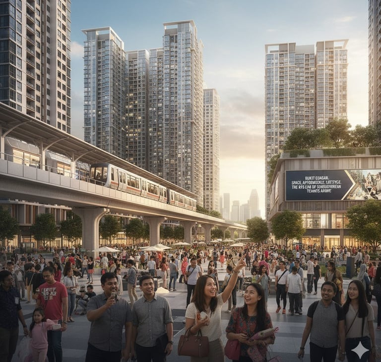 A busy urban plaza with crowds of people, modern high-rise buildings, and an elevated train on the RTS Link track