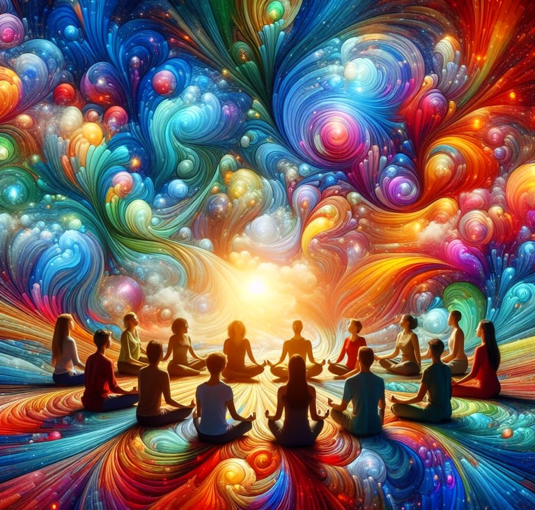 Group of people meditate in a circle surrounded by colorful psychedelic imagery