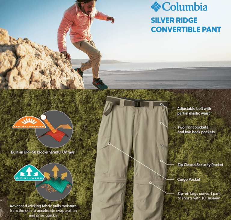 Model wearing Columbia Men's Silver Ridge Convertible Pants, highlighting versatile clothing