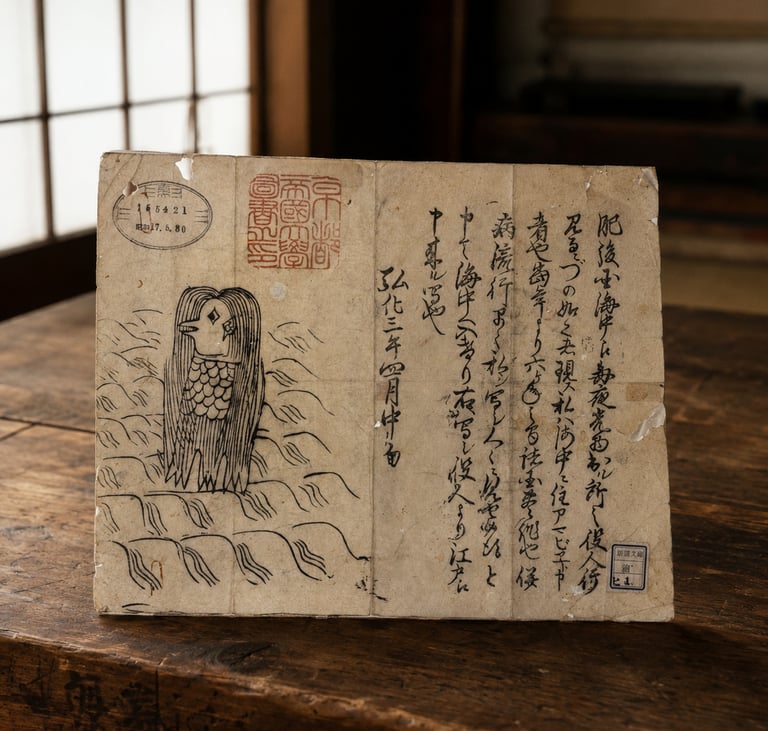 Vintage Japanese woodblock print of an Amabie yokai on aged paper with calligraphy.