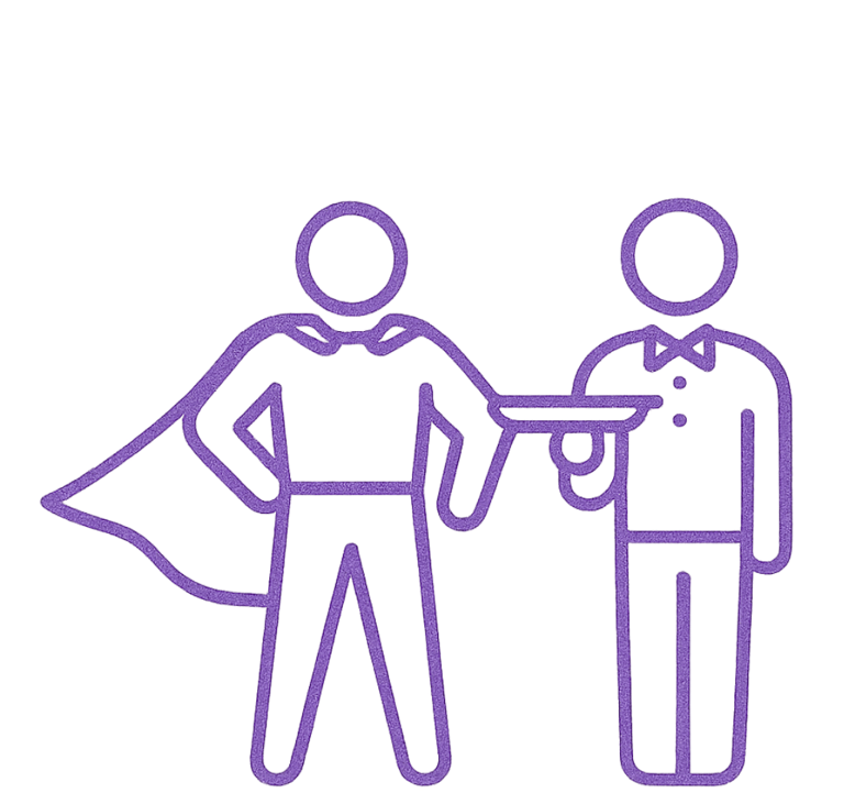 it's all about you icon depicting a superhero in a cape standing next to a butler holding a tray