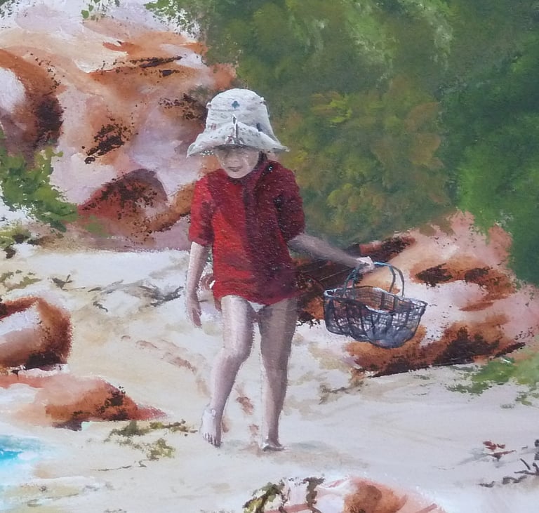 Détail d'une fresque intérieure: un enfant avec un panier cherche des coquillages. Saône et Loire 71
