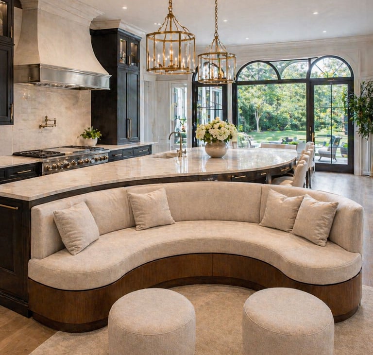 custom curved banquette seating in a luxury kitchen with marble island and upholstered stools
