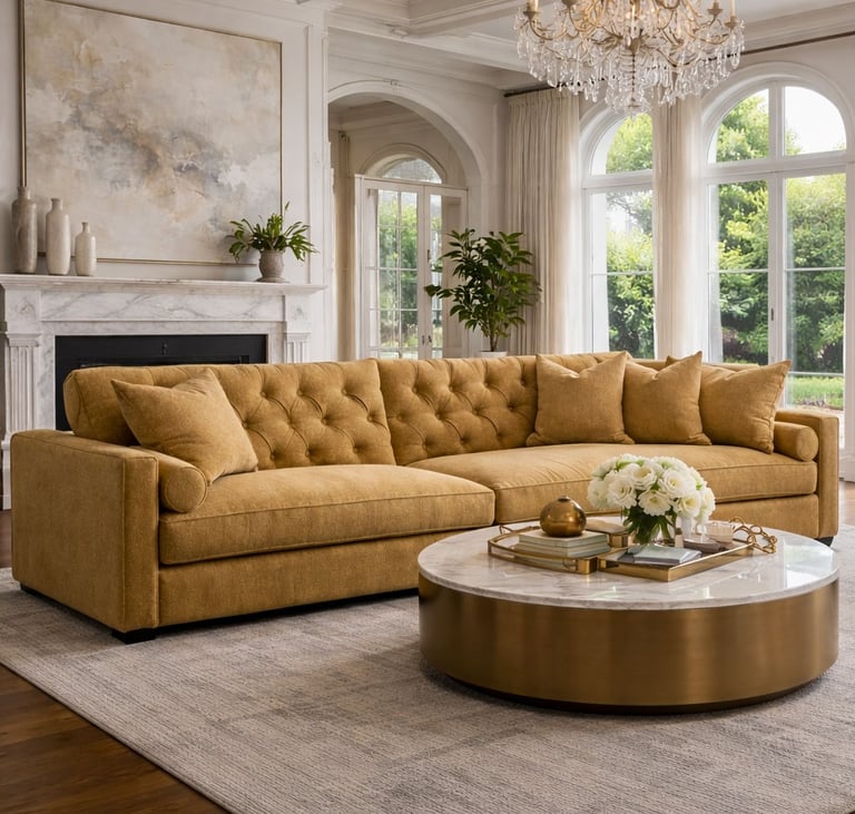 Mustard tufted sofa in a bright living room with custom design furniture and transitional furniture by Solo Home Decor