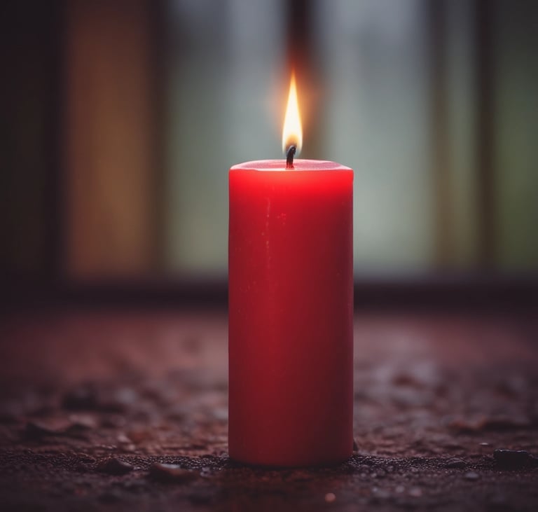 A warm glowing candle in a dark elegant setting with hints of green and gold, symbolizing hope and focus before a football match.