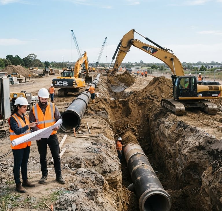 Wide shot of heavy machinery excavating a deep trench for a large-diameter water pipeline, engineers in high-visibility orange vests reviewing blueprints on-site, bright natural daylight, industrial construction site, 35mm