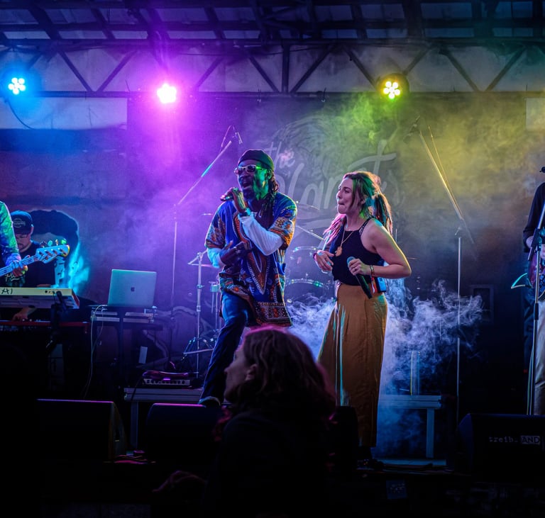 Live band performing a concert on a foggy stage with colorful spotlighting and vocalists.