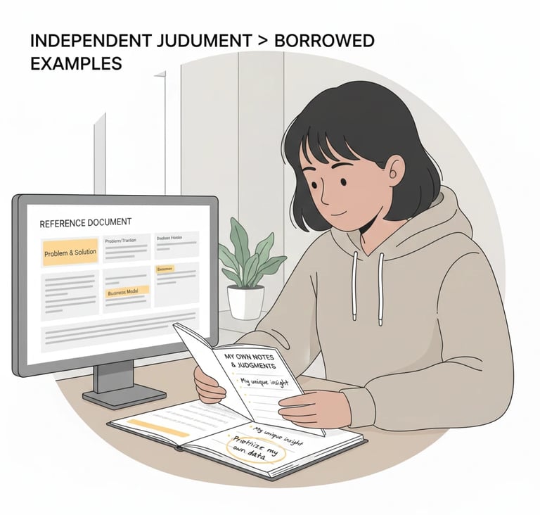 Founder using examples as references while maintaining independent decision-making in pitch preparat