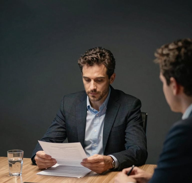 Medium shot of Luis Mizhirumbay seated at a conference table in a professional office, reviewing documents with a client across from him, controlled overhead studio lighting, shadow-defined composition, dark background, no smiling