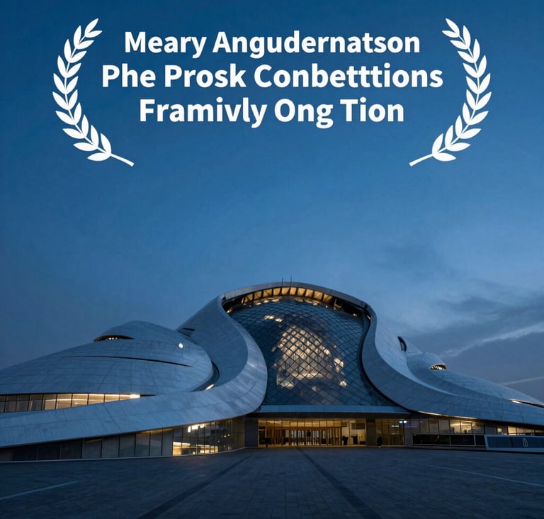 A cinematic, wide-angle landscape photograph featuring a modern architectural building at dusk, with deep steel blue sky and sharp misty highlights.