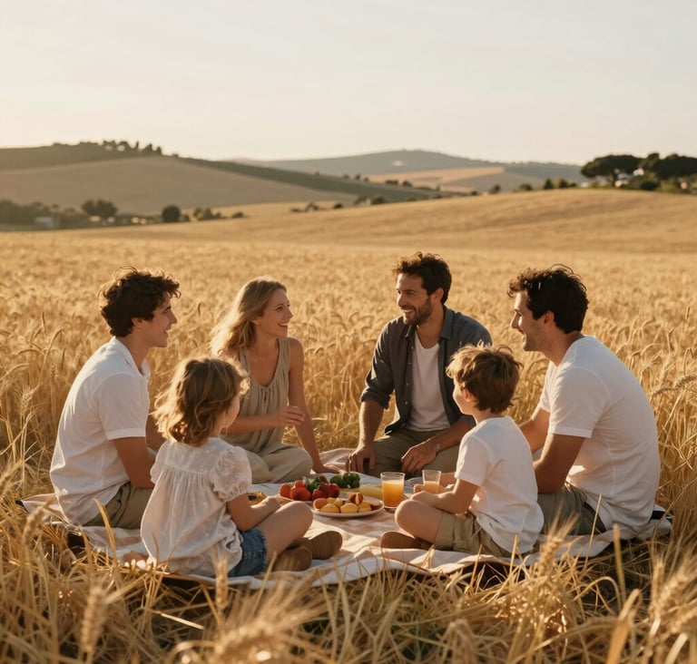 Lifestyle photography of a family of four having a spontaneous picnic in a golden wheat field, warm afternoon sunlight, Southern European / Italian countryside, candid laughter and authentic interaction.