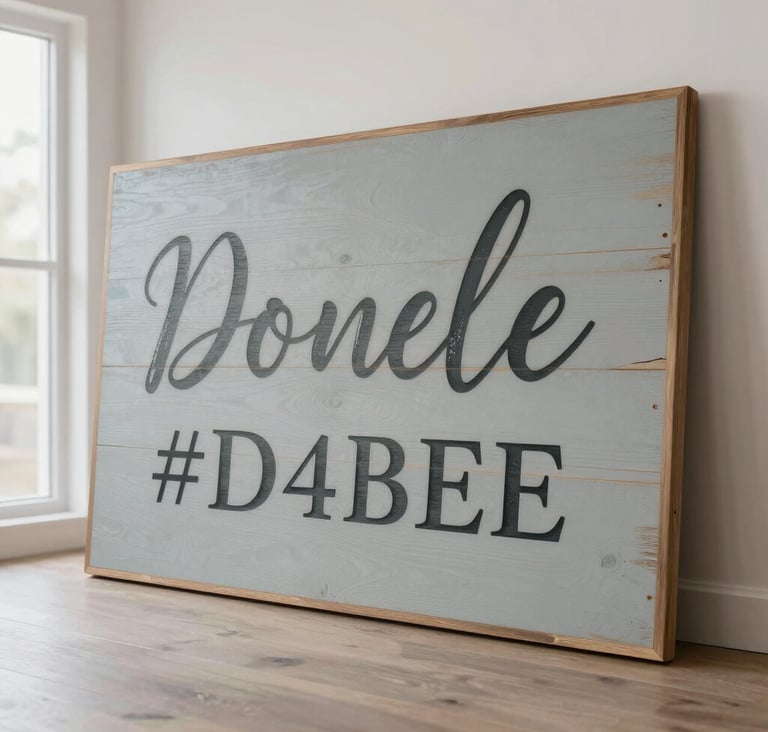 A large, professional vertical shot of a custom handcrafted wood sign with rustic touches and #D4BEAE tones. The sign features elegant calligraphy and is displayed in a bright, modern interior.