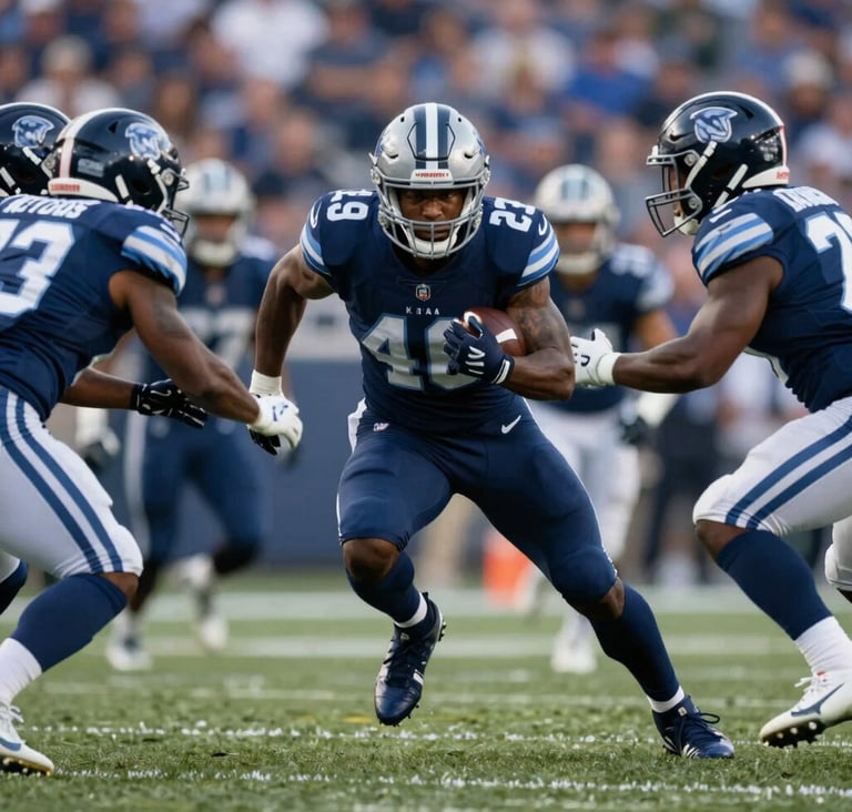 A wide cinematic shot of a running back breaking through a defensive line. The image captures the grit and determination of the sport with blurred motion in the background. The color palette emphasizes deep blues (#1C2B3A) and professional lighting.