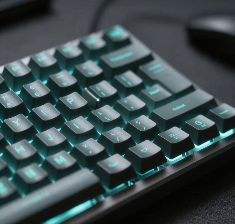 A macro photograph focusing on a backlit mechanical keyboard with teal lighting. The background is a blurred dark gray studio environment, suggesting a professional, tech-savvy setting for a Global / Digital Professional.