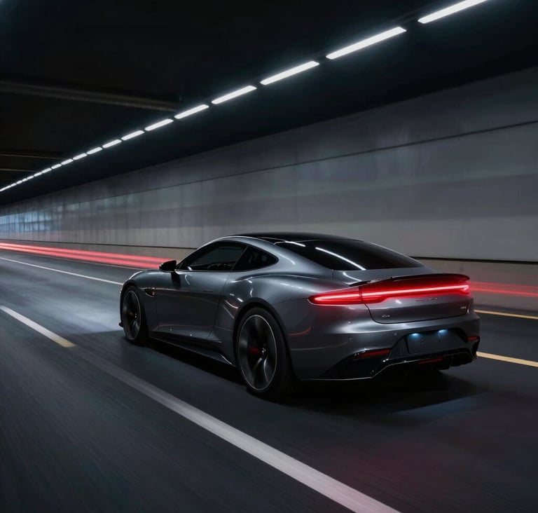 A wide cinematic frame featuring a sleek, charcoal gray concept car moving through a dark urban tunnel. Long exposure captures vivid deep red light streaks from the taillights against a deep black background. The mood is high-speed and sophisticated.