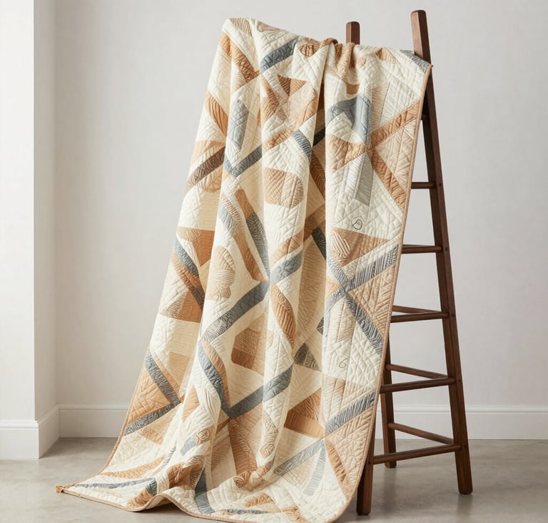 A wide-angle, professional photograph of a large quilt titled 'Coastal Breeze' draped elegantly over a minimal dark espresso wooden ladder. The quilt features geometric patterns in muted sand and soft cream. The setting is a bright, airy studio with clean lines and sophisticated modern decor.