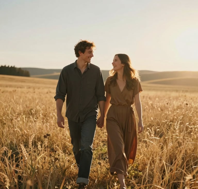 An authentic, sun-drenched portrait of a couple walking through a golden meadow in the late afternoon, North American / US landscape. They are laughing naturally, dressed in charcoal and soft brown tones, warm cinematic lighting with a soft lens flare.