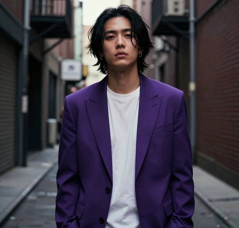 An edgy and modern portrait of a music artist with a mysterious vibe, standing in a dimly lit alleyway in a major US city. The lighting is cinematic, using deep purple and off-white highlights to create a sophisticated, slightly gritty look.