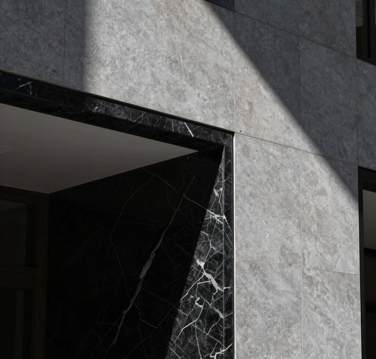 A minimalist architectural detail shot of a Sydney luxury hotel lobby. Focus on premium textures like black marble and grey stone, with a sharp contrast between light and shadow. The lighting is dramatic and cinematic.