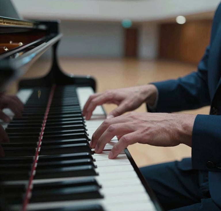 A close-up photograph of hands playing a grand piano in a modern concert hall in a Latin American / Spanish city. The lighting is cinematic with Muted Blue and Dark Navy tones, focusing on the movement and the keys.