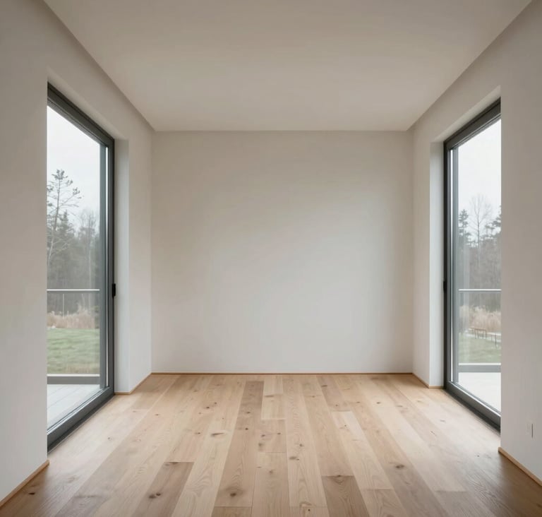 A minimalist architectural shot of a modern Canadian home interior, featuring clean lines, natural wood elements, and large windows that let in soft light. The composition emphasizes negative space and Japandi design aesthetics with an off-white and light warm grey color palette.