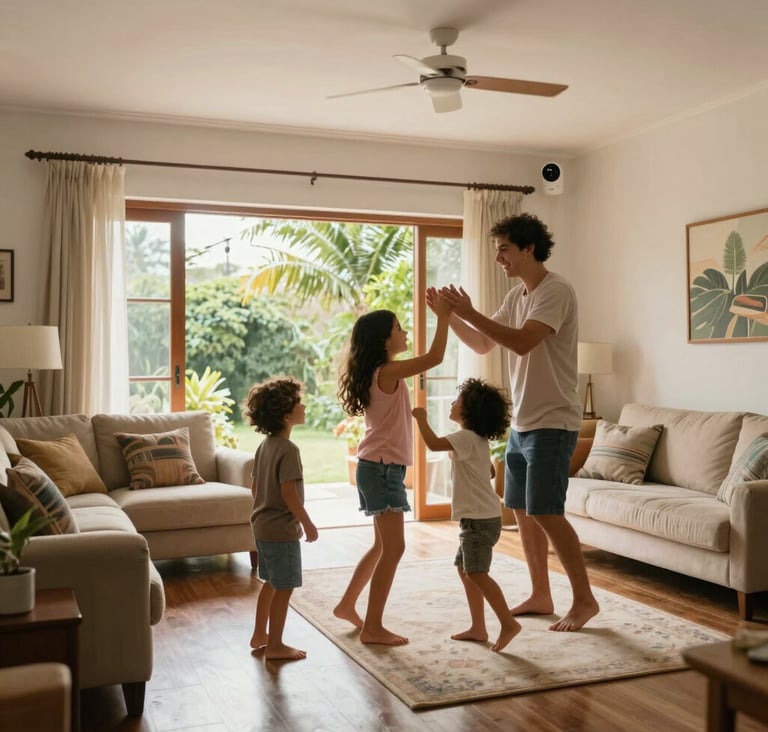 A cinematic shot of a happy family playing in a bright, sun-drenched South American / Brazilian living room. In the background, a discrete security camera is visible, symbolizing protection without intrusion.