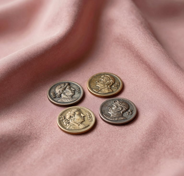 A minimalist still life of ancient coins resting on a dusty rose sunset silk fabric, soft studio lighting, feminine and scholarly aesthetic, International / Western museum exhibit style.