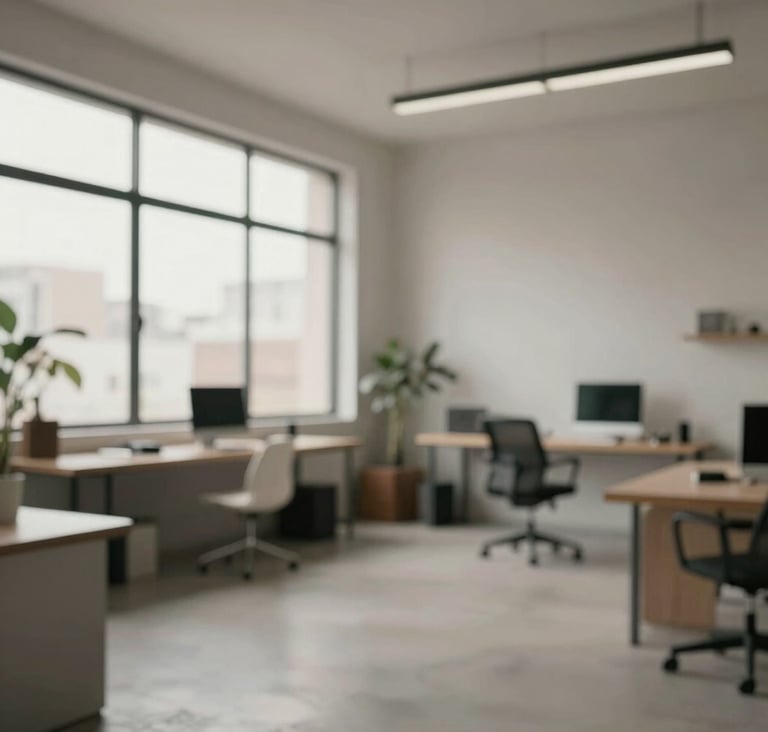 Spontaneous, cinematic wide shot of a creative studio in São Paulo. Large windows, minimalist furniture, and a focused atmosphere. Tones of #9A9E96 and #C1C4BF predominate with professional, natural lighting.