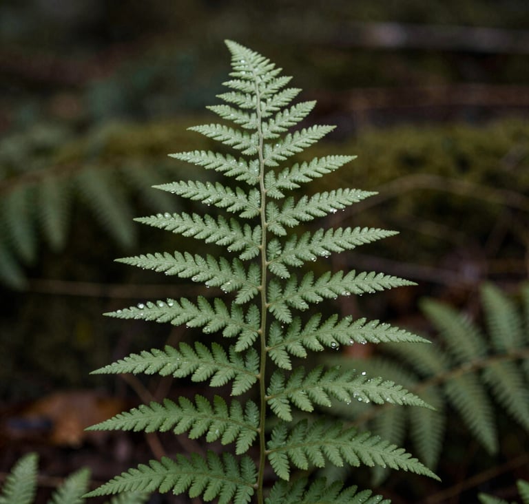 A professional macro photograph of a single fern frond in a North American / US woodland. Dew drops cling to the sage green leaves, catching the soft morning light. The background is a blurred, deep charcoal and muted olive green forest floor. Heartfelt and elegant style.