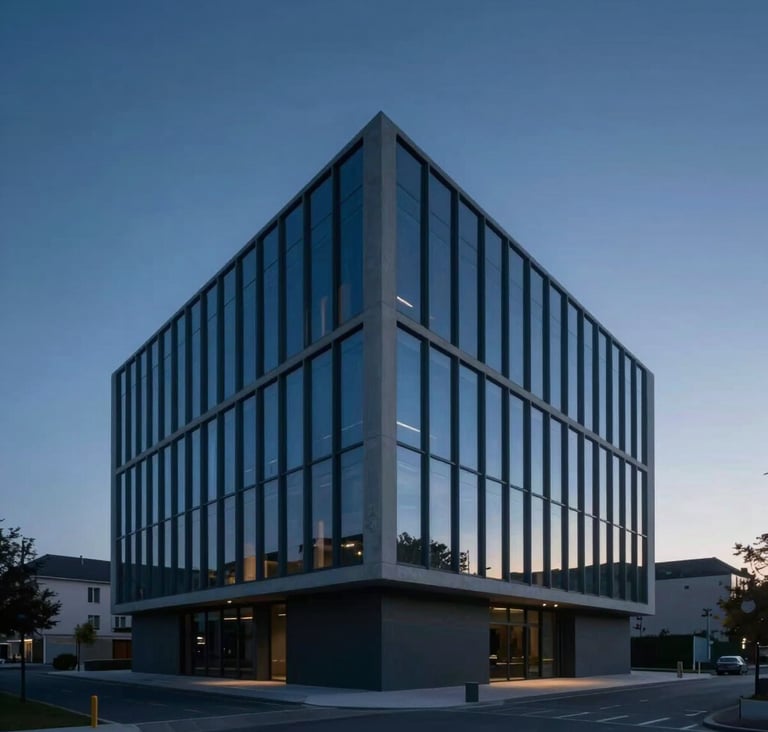A wide, low-angle shot of a minimalist architectural building in Bordeaux at twilight. The scene is lit with deep blue hues (#2C3E50) and soft grey shadows (#95A5A6). The composition is symmetrical and clean, reflecting a high-end cinematic aesthetic.