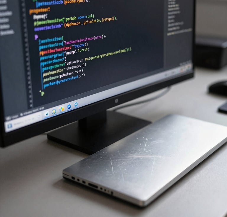 Close-up macro photography of a high-resolution computer monitor displaying lines of Python script. The light from the screen reflects off a polished silver slate surface. The atmosphere is professional, clean, and highlights precision.
