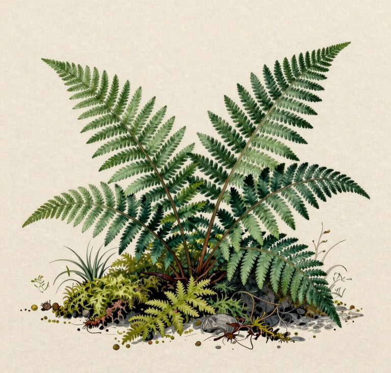 A vertical composition of an intricate hand-drawn botanical scene featuring ferns and moss, created with dark forest green ink on thick, textured cream paper.