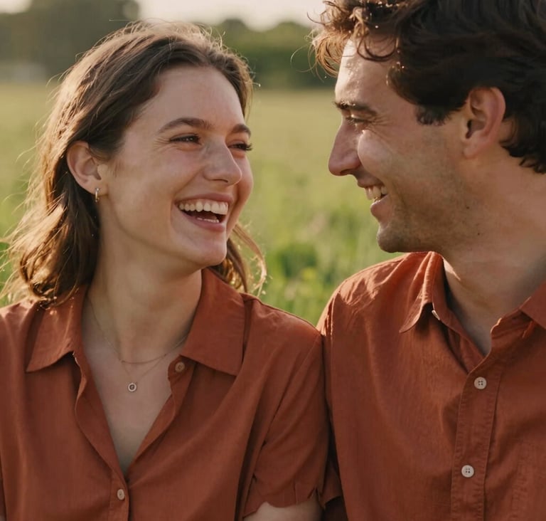 A close-up, candid shot of a couple laughing together in a sun-drenched meadow. Warm terracotta tones in the background greenery. The lighting is soft and golden, highlighting the authentic joy on their faces. Refined elegance in their simple, high-quality attire.
