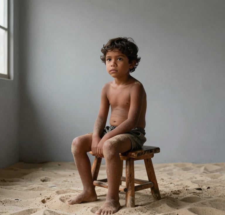 A South American / Brazilian child sitting on a rustic wooden stool against a Silver Sand grey wall. Minimalist composition, focused on the child's natural expression. Natural light from a side window, professional studio setting.