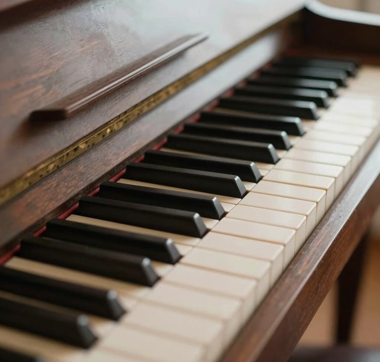 Close-up of piano keys in a vintage studio. The wood of the piano is a muted brown. Soft focus on the keys against a soft off-white light, creating a sense of history and depth.