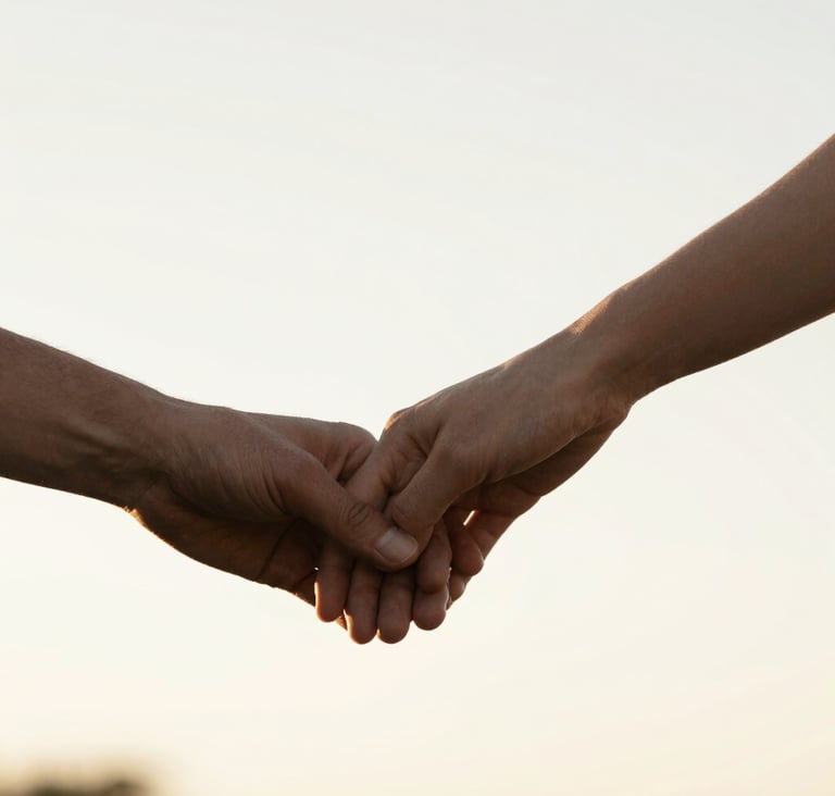 A minimalist vertical composition on a pure white background. A thin vertical sliver of a cinematic image shows a couple's hands gently intertwined, bathed in golden morning light. Sophisticated and airy.