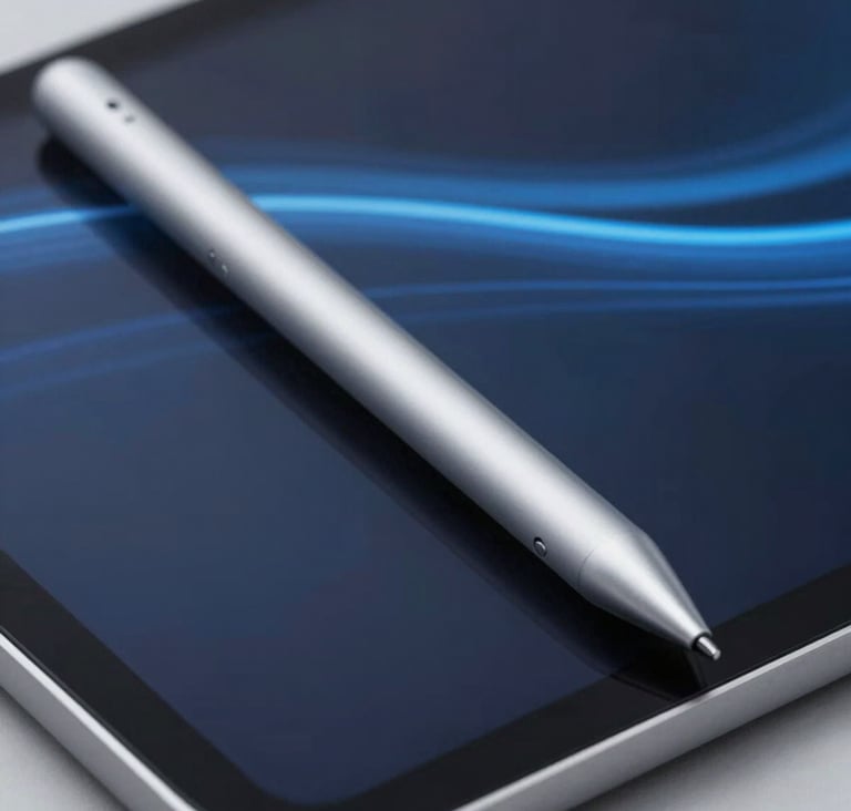 Macro shot of a high-tech stylus and tablet, sleek and sophisticated, with blue motion trails in the background, utilizing #4A6B8A and #d4d4d4 highlights.