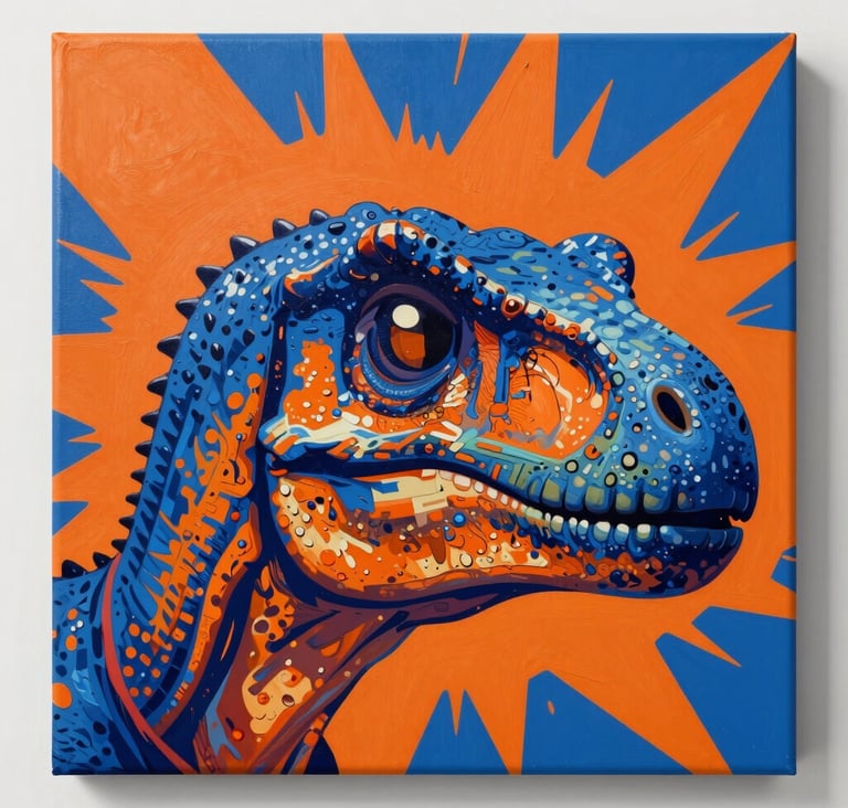 A large canvas showing a close-up of a dinosaur's eye in a pop-art explosion of #D87D51 orange and #1F3A4B blue. The lighting is bright and even, highlighting the texture of the acrylic paint.