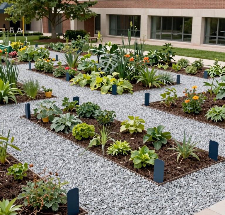 A wide-angle landscape shot of a lush, organized community garden with Silver Grey gravel paths and Muted Navy plant markers in a North American / US university courtyard. Clean, modern aesthetic with bright, natural lighting.