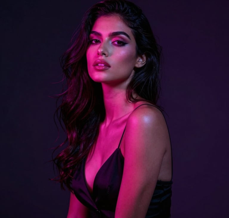 Seductive studio portrait of an elite Latina model posing elegantly in a premium dark-mode environment. Moody, dramatic lighting with electrifying neon pink and deep violet highlights on her face and shoulders. Elegant attire, luxurious global aesthetic, high fashion editorial photography style, Latin American / Global.