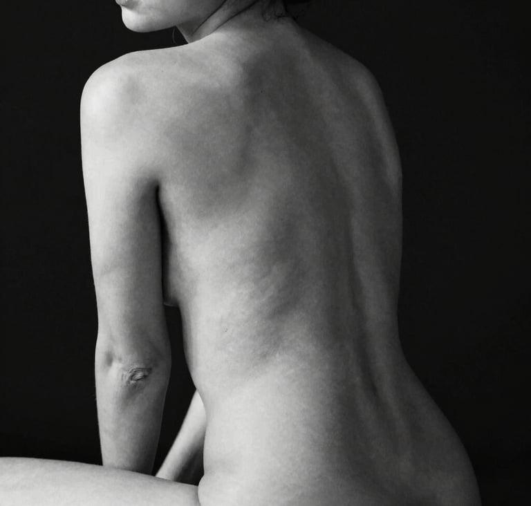 A high-contrast black and white art nude study of a seated form, showing the elegant silhouette of the shoulders and spine. The background is a solid deep black. Lighting is dramatic and minimalist, highlighting the form in off-white tones. Professional North American / US photography style.