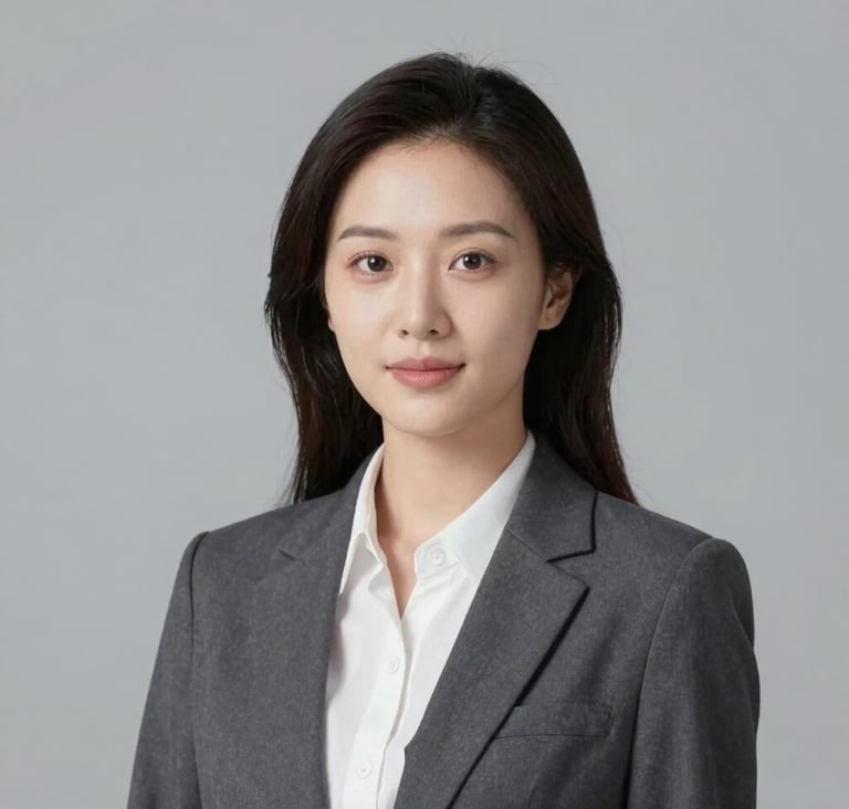 A sophisticated corporate portrait of a businesswoman against a neutral grey background. Minimalist composition, soft professional lighting that highlights confidence and authority, using a palette of #E0DCD9 and #3D3A38.