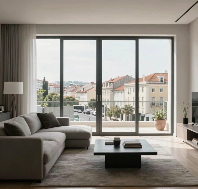 Interior shot of a modern living room in Lisbon. Floor-to-ceiling windows showing a bright European day. Minimalist furniture in Slate grey and Off-white. The atmosphere is calm, elegant, and uncluttered.