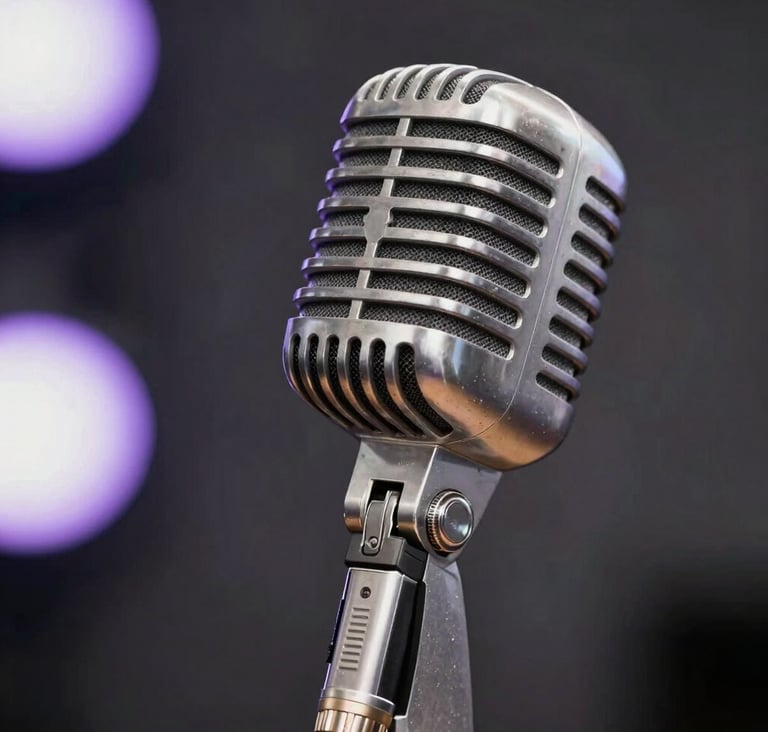 A close-up photograph of a professional vintage silver microphone on a stand. The background is a soft blur of dark charcoal and pale lavender stage lights. Artistic elegance, professional music photography style.