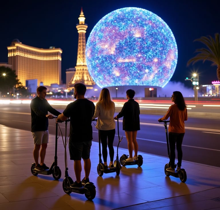 a group of people on a bike tour at night standing at a globe that has bright lights