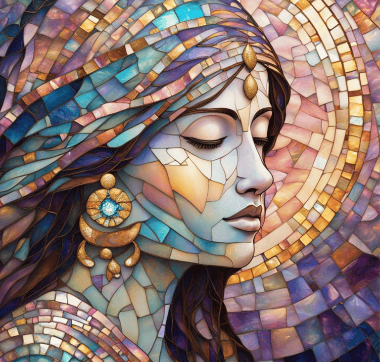 mosaic woman, spiritual, eeys closed, shades of pastel rainbows.